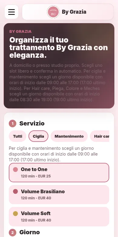 Pagina di prenotazione di By Grazia su telefono, con i trattamenti per le ciglia