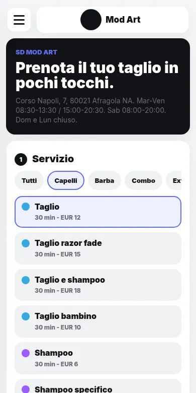 Pagina di prenotazione di SD Mod Art su telefono, con l'elenco dei servizi